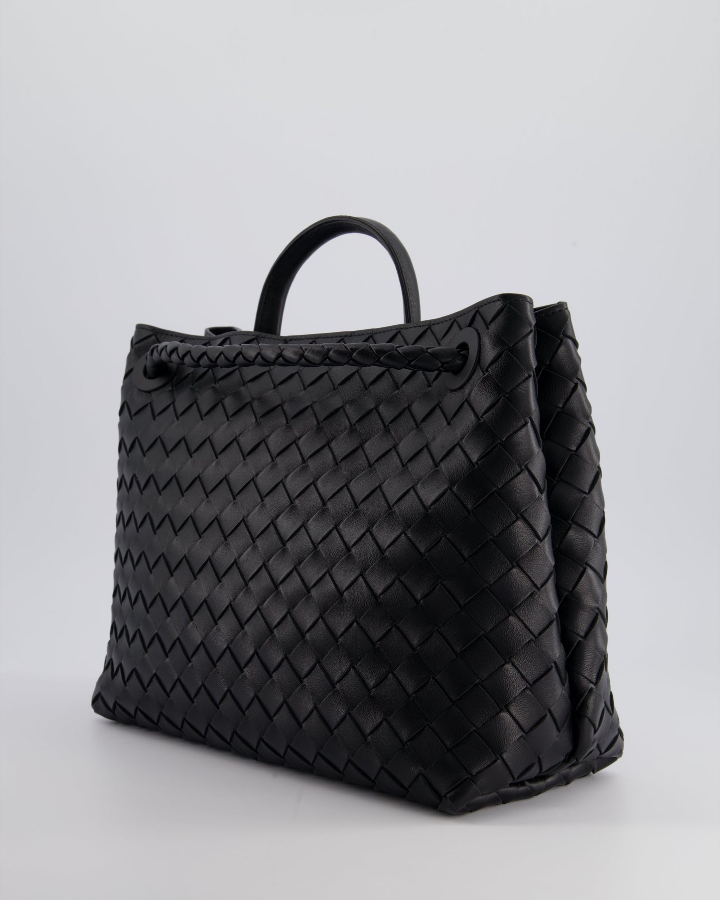 Bottega Veneta Black Andiamo Medium Intrecciato Leather Top Handle Bag with Sliding Cross-Body and Gold Knot Hardware RRP £4,030