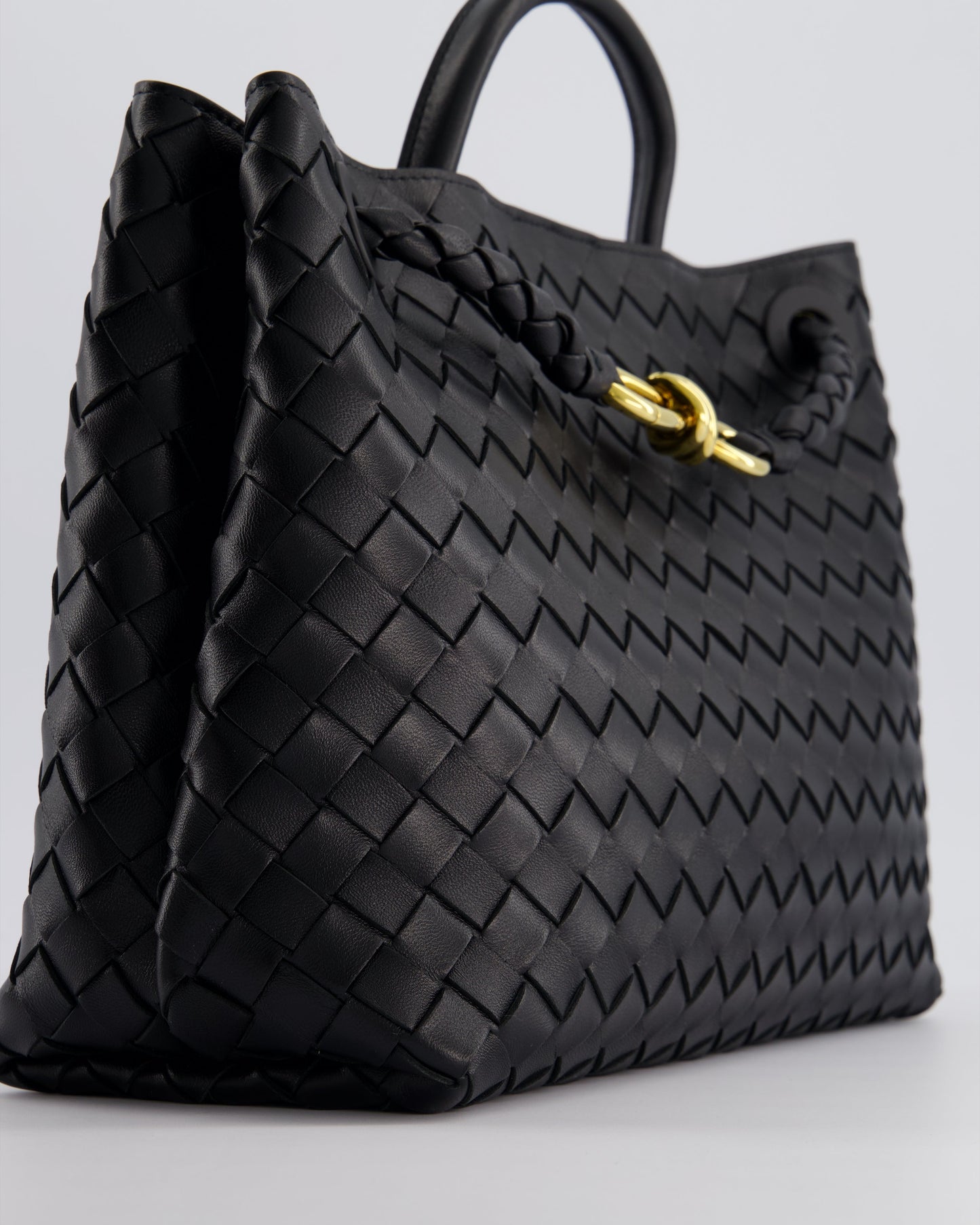 Bottega Veneta Black Andiamo Medium Intrecciato Leather Top Handle Bag with Sliding Cross-Body and Gold Knot Hardware RRP £4,030