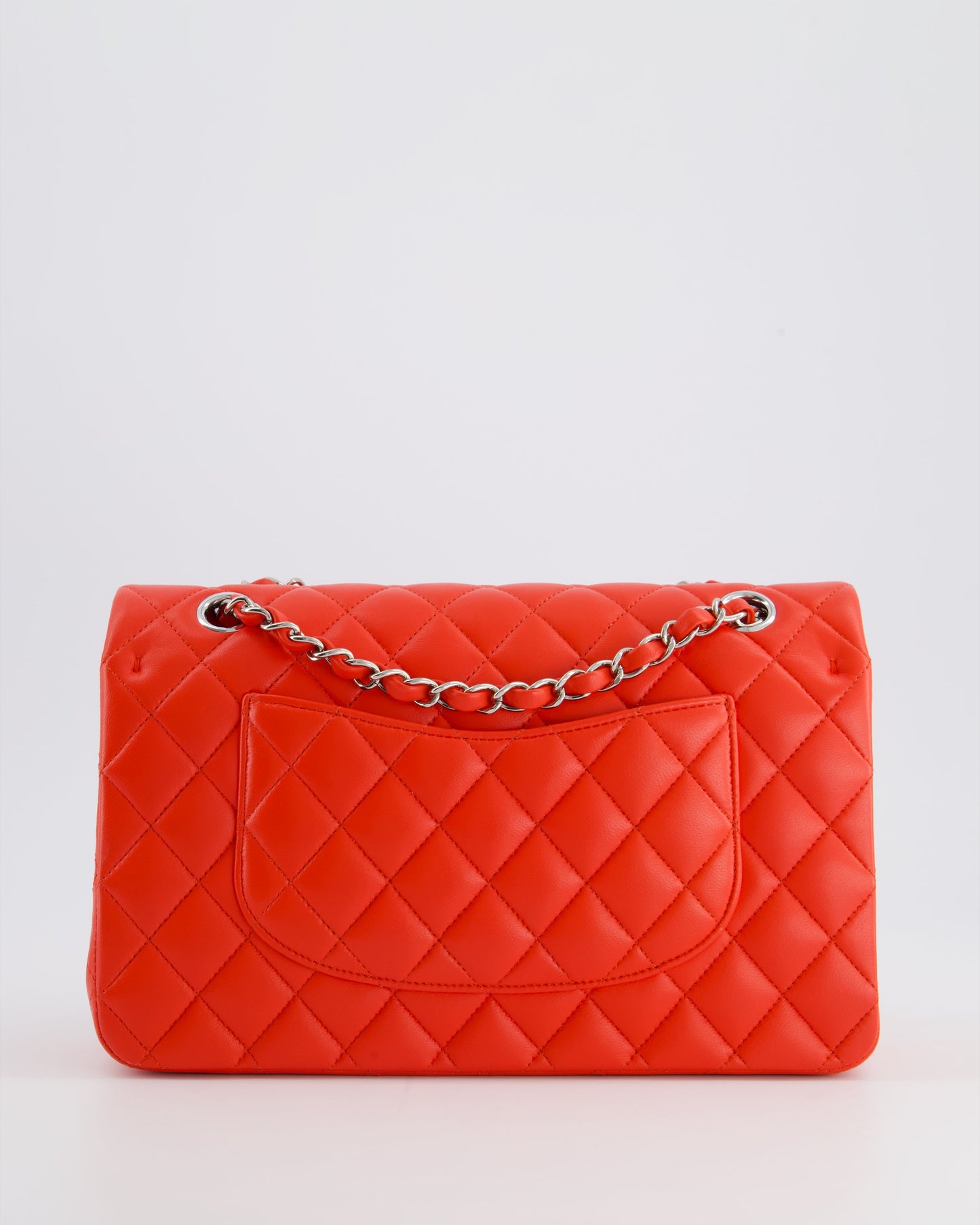 Chanel Scarlet Red Medium Classic Double Flap Bag in Lambskin Leather with Silver Hardware