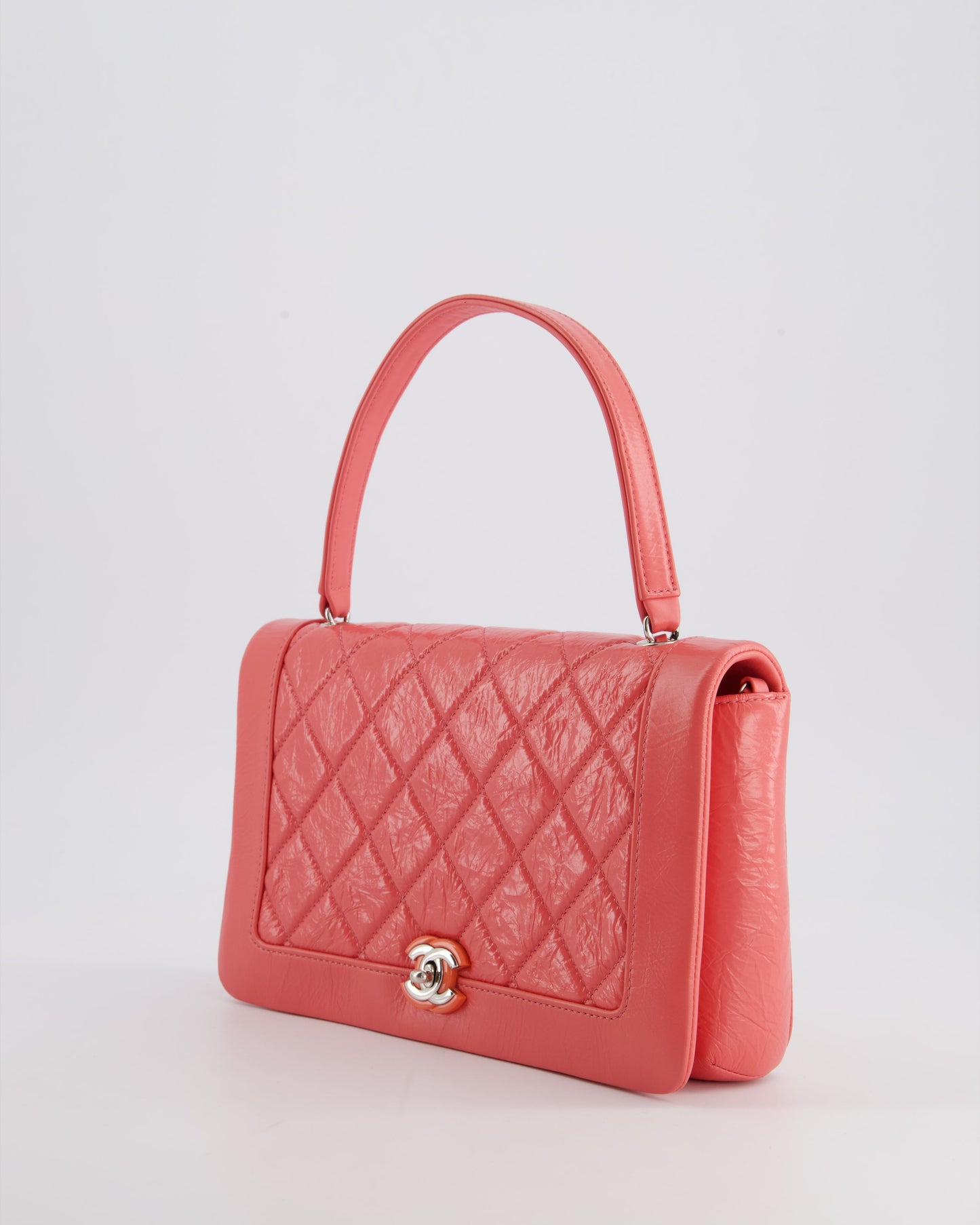 Chanel Pink Patent Crinkled Calfskin Leather Flap Bag with Enamel CC Logo and Silver Hardware