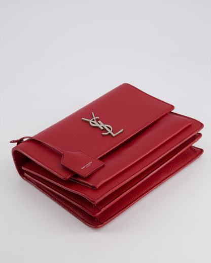 Saint Laurent Red Medium Leather Sunset Bag in Grained Calfskin Leather with Antique Silver Hardware &amp; Leather Strap RRP £1,930
