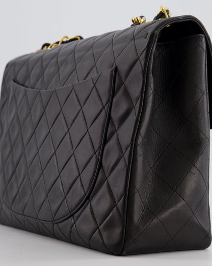 Chanel Vintage Black XL Jumbo Single Classic Flap Bag in Lambskin Leather with 24K Gold Hardware