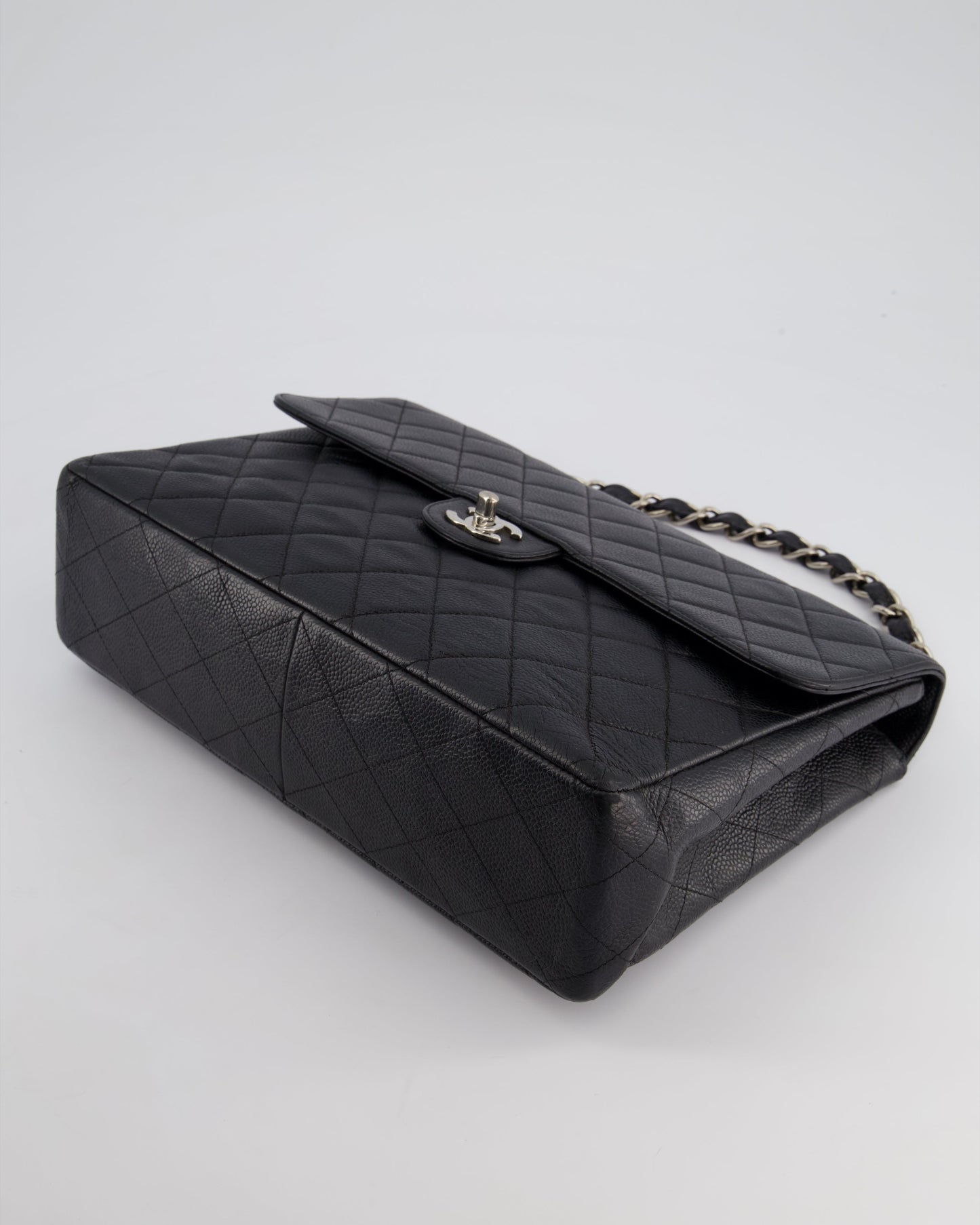 Chanel Black Vintage Quilted Caviar Square Jumbo Classic Single Flap Bag with Silver Hardware