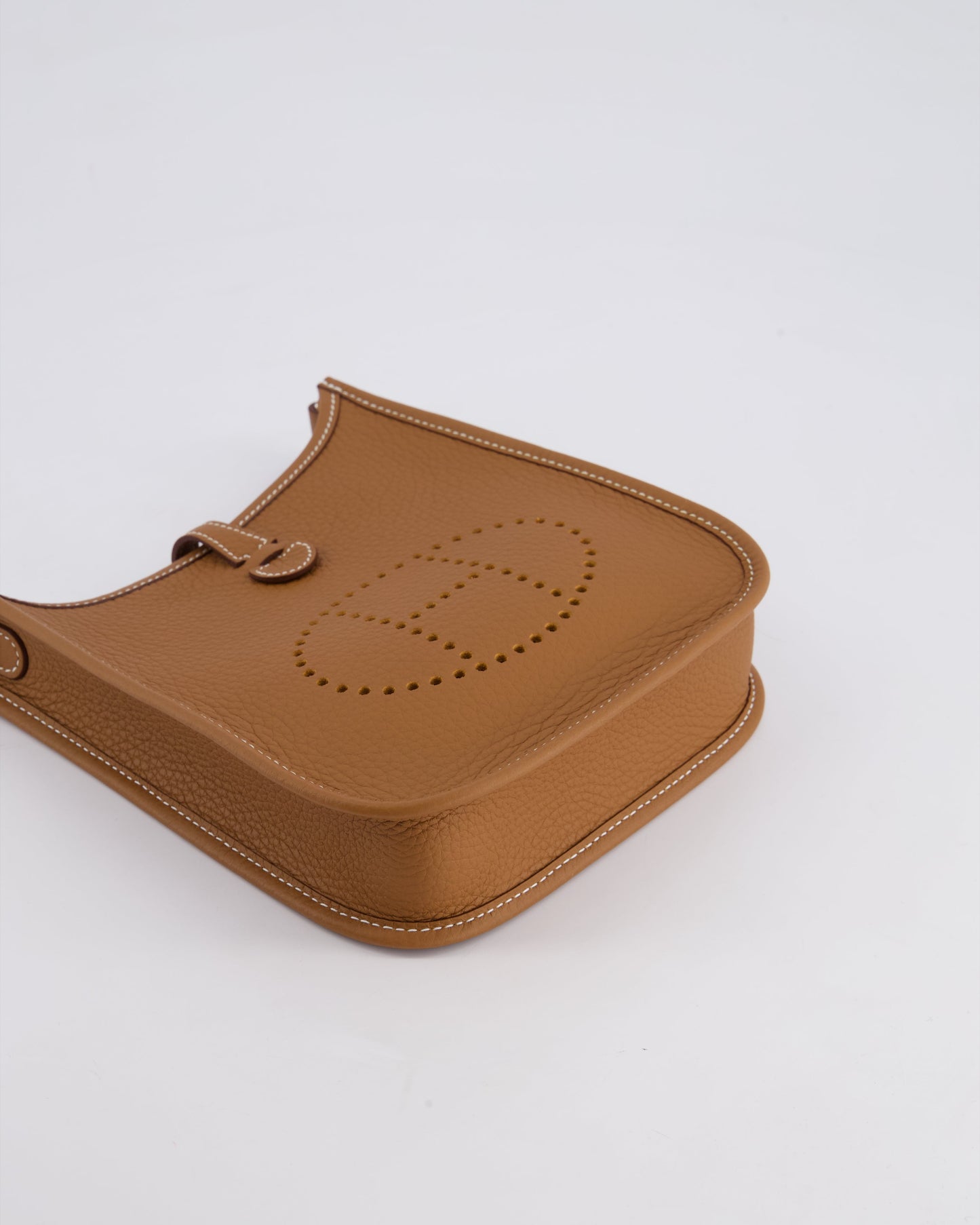 Hermès Mini Evelyne 16 Bag in Gold Clemence Leather with Palladium Hardware and Gold Sangle Strap