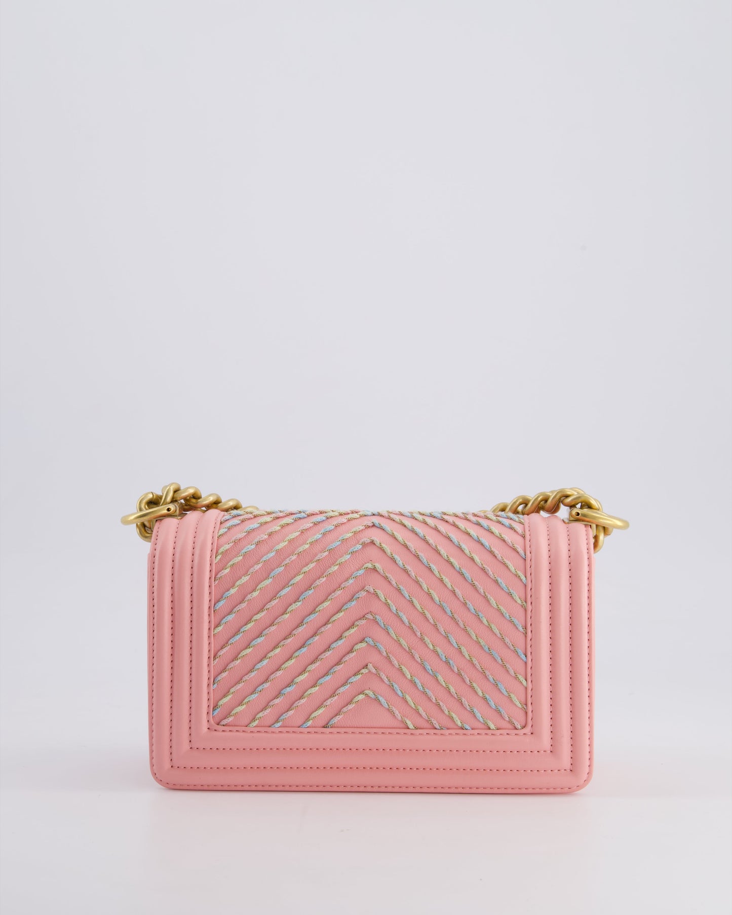 Chanel Pink Small Boy Bag in Lambskin Leather with Pastel Chevron Detail and Brushed Gold Hardware