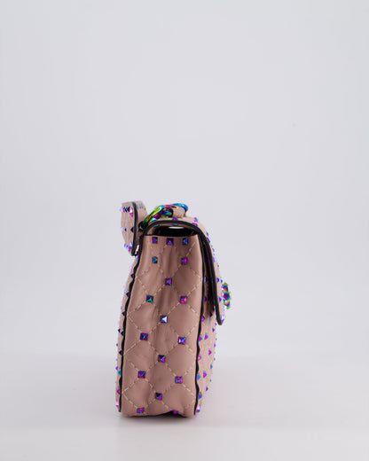 Valentino Pink Medium Rockstud Spike Top Handle Bag in Calfskin Leather with Rainbow Studs & Chain Detail RRP £2,450