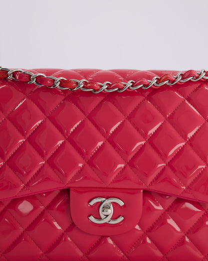 *HOT & FIRE PRICE* Chanel Glossy Raspberry Pink Jumbo Classic Double Flap Bag in Patent Leather with Silver Hardware RRP £9,540