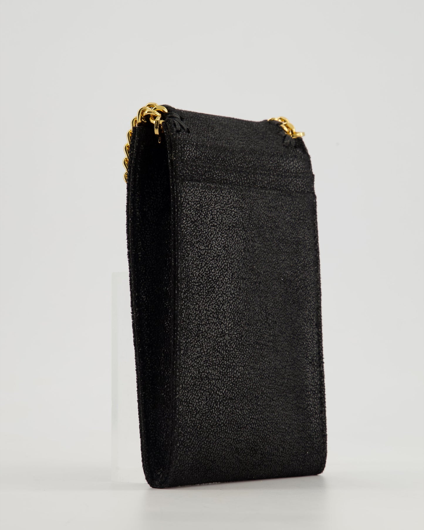 Stella McCartney Black Vegan Leather Falabella Cross-Body Phone Pouch with Gold Chain Detail
