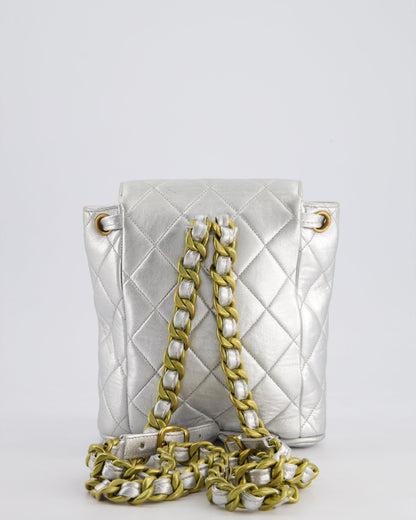 *RARE* Chanel Metallic Silver Vintage Mini Duma Backpack Bag in Lambskin Leather with 24K Gold Hardware