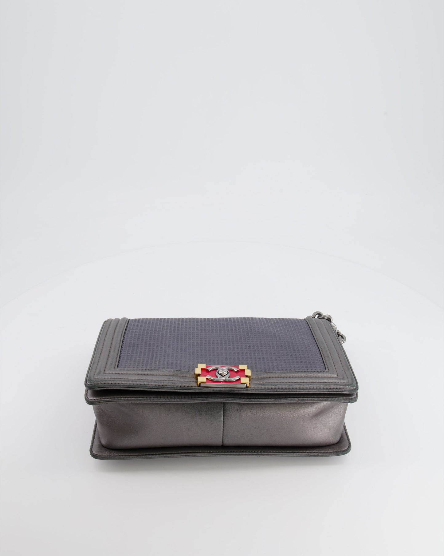 Chanel Grey Silver Medium Cube Calfskin Boy Bag with Silver, Gold and Red Hardware Hardware