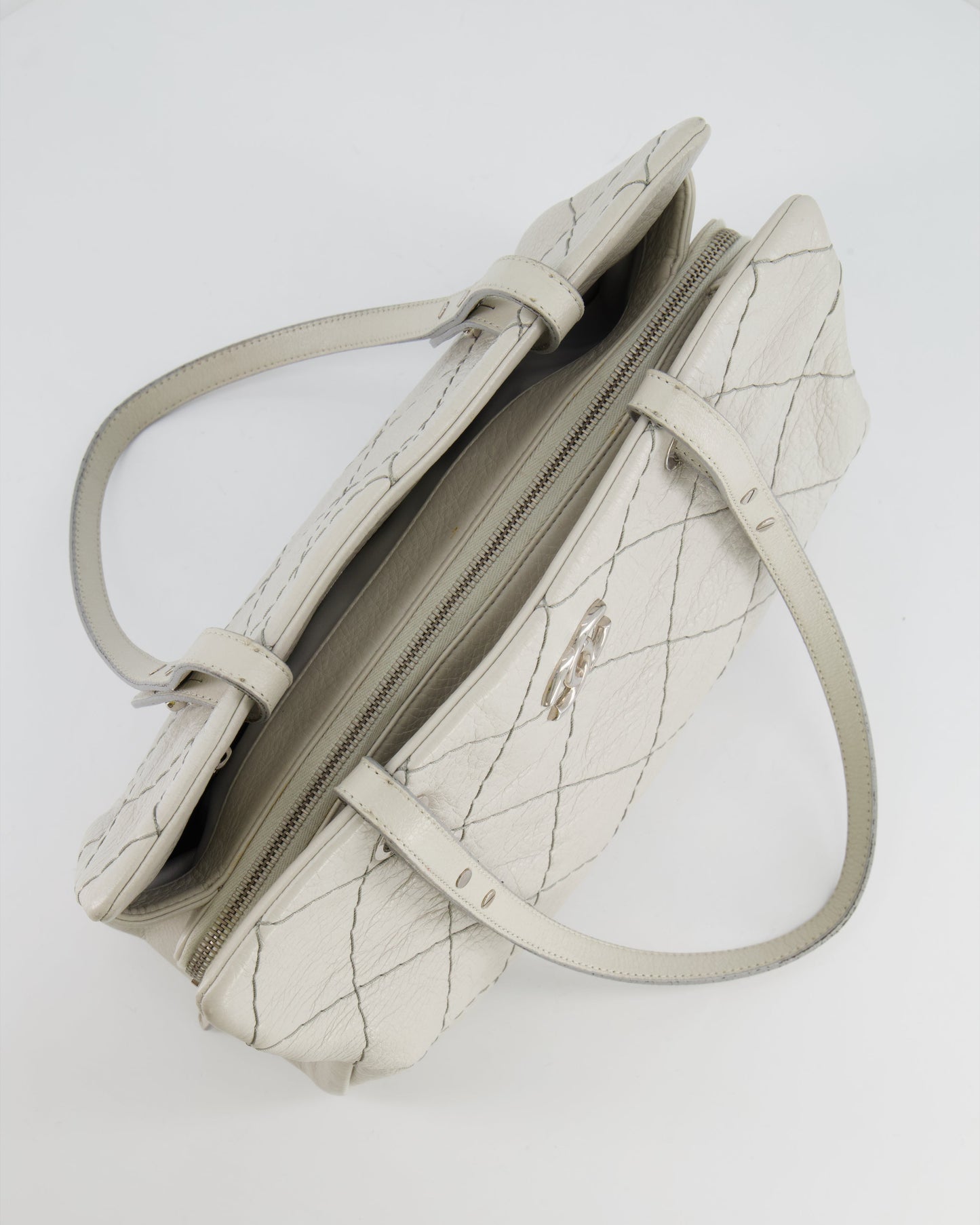 Chanel Light Grey Matelasse Leather Shoulder Tote Bag with Silver Hardware
