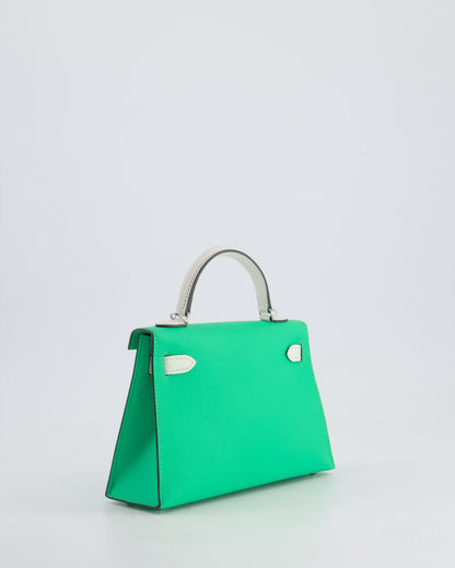 Hermès Mini Kelly II Tricolour 20cm Bag In Vert Comics, Vert Fizz and Gris Pale Epsom Leather with Palladium Hardware