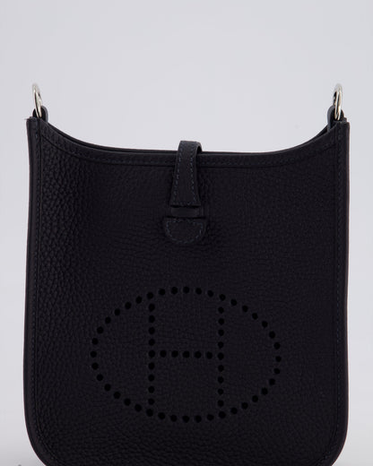 Hermès Mini Evelyne 16 Bag in Caban Clemence Leather with Palladium Hardware & Blue Zanzibar/Caban Wool Strap