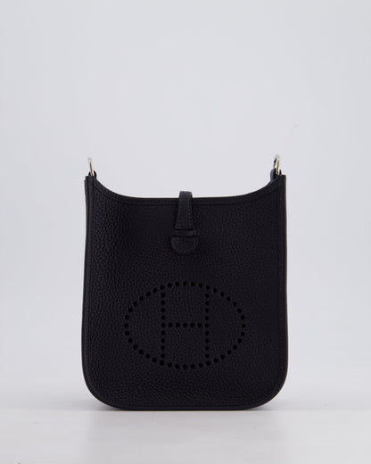 Hermès Mini Evelyne 16 Bag in Caban Clemence Leather with Palladium Hardware & Blue Zanzibar/Caban Wool Strap