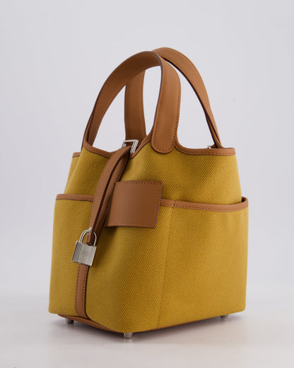 Hermes Picotin 18cm Pocket Cargo in Desert Toile Goeland Canvas and Gold Swift Leather with Palladium Hardware