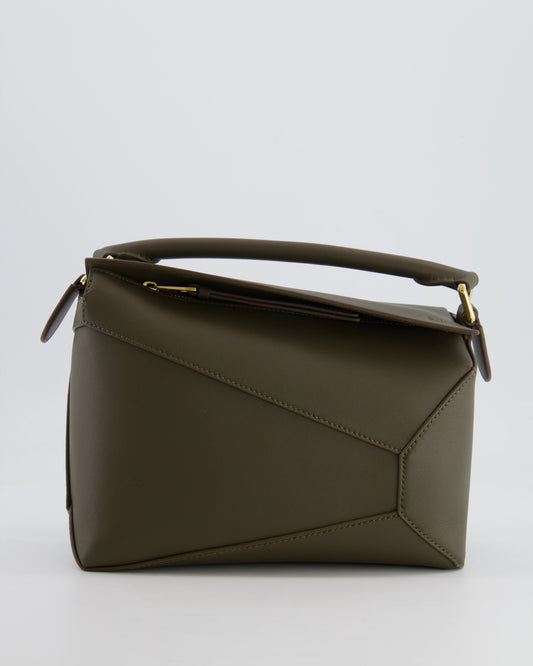 Loewe Small Puzzle Edge Bag in Dark Khaki Smooth Calfskin Leather with Gold Hardware RRP £2,700