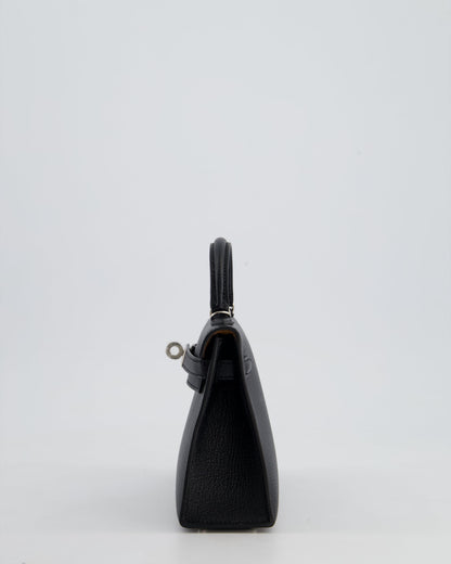 *RARE LEATHER* Hermès Mini Kelly II 20cm Verso Bag In Noir Chevre Mysore Leather, Alezan Interior with Palladium Hardware