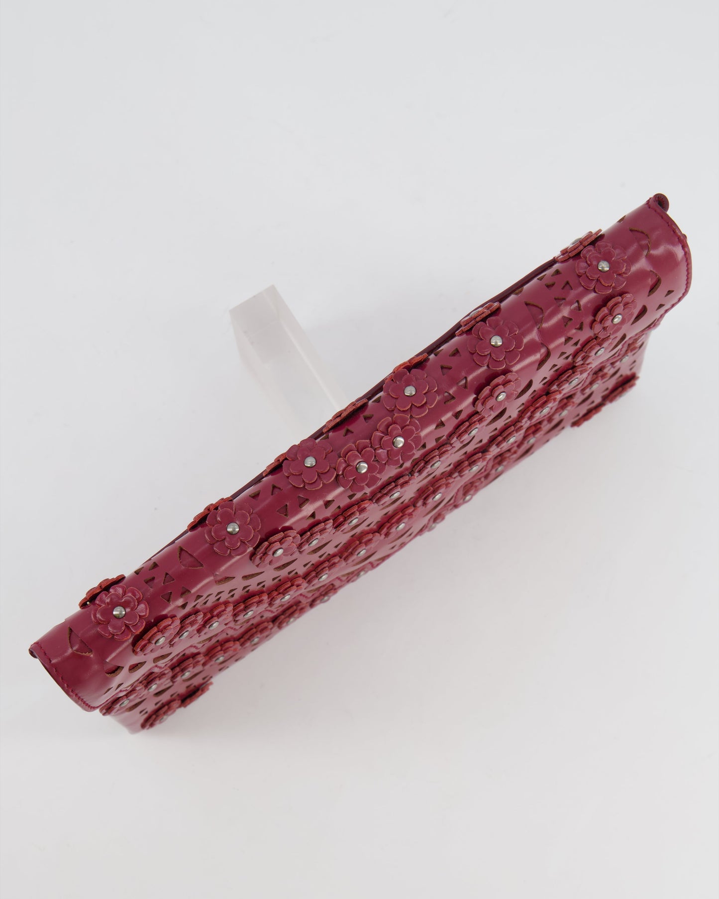 Alaïa Burgundy Patent Leather Floral Oum Clutch Bag with Silver Hardware RRP £2,200