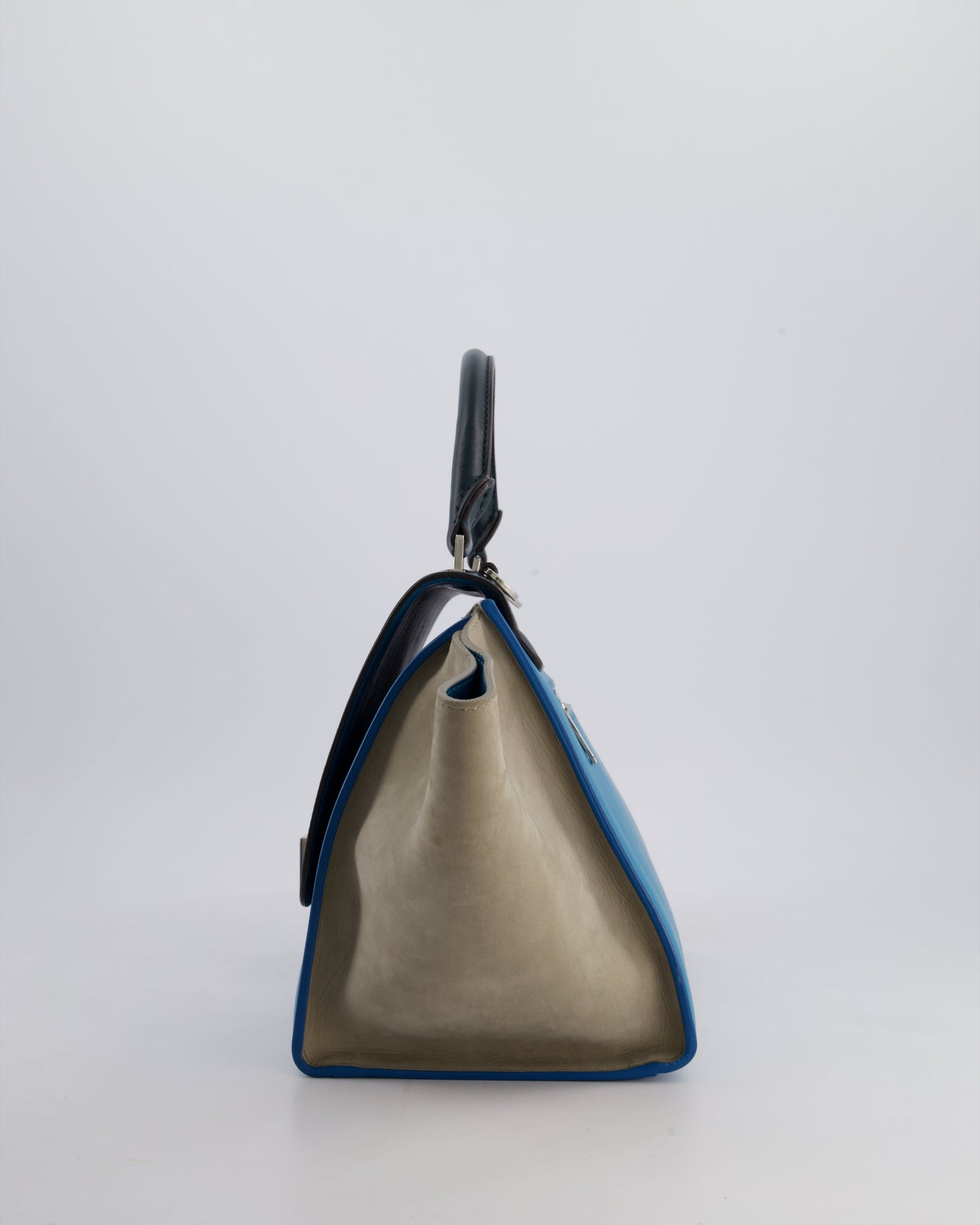 Celine Green, Blue Calfskin & Grey Suede Medium Trapeze Bag with Silver Hardware
