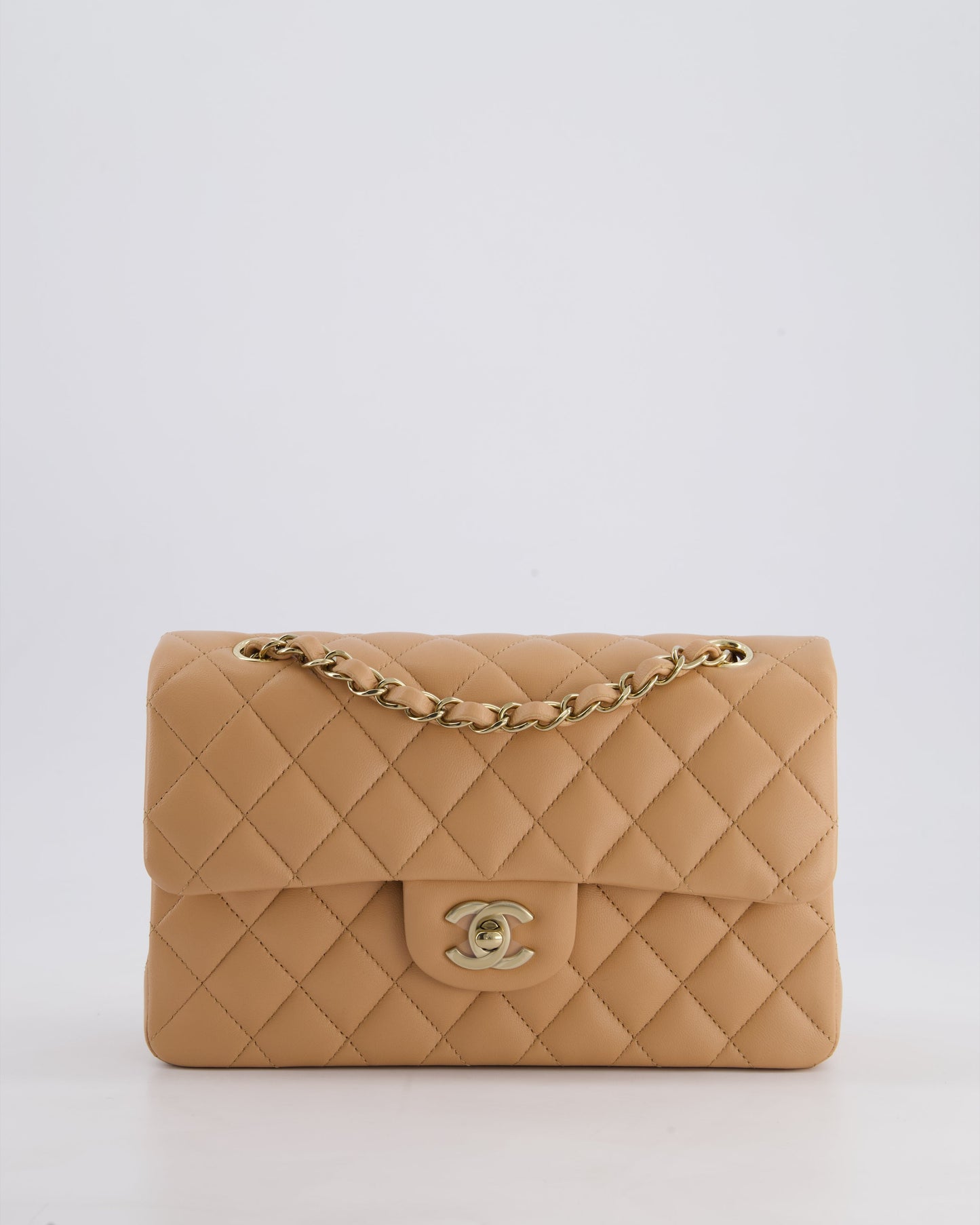 Chanel Beige Small Classic Double Flap Bag in Lambskin Leather with Champagne Gold Hardware