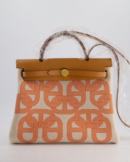 Hermès Herbag Zip Retourne 31 Chaine D'Ancre Bag in Orange Mécano & Ecru Quadrille Toille Canvas, Natural Hunter Leather with Gold Hardware