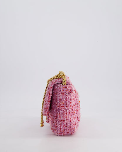 Chanel Pink & Lilac Tweed Seasonal Single Flap Bag with Brushed Gold Hardware & Pink CC Logo