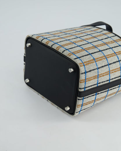 Hermes Picotin 18cm Broderie Couverture in Ecru, Noir, Fauve, Bleu Zanzibar Toile Canvas & Noir Swift Leather with Palladium Hardware