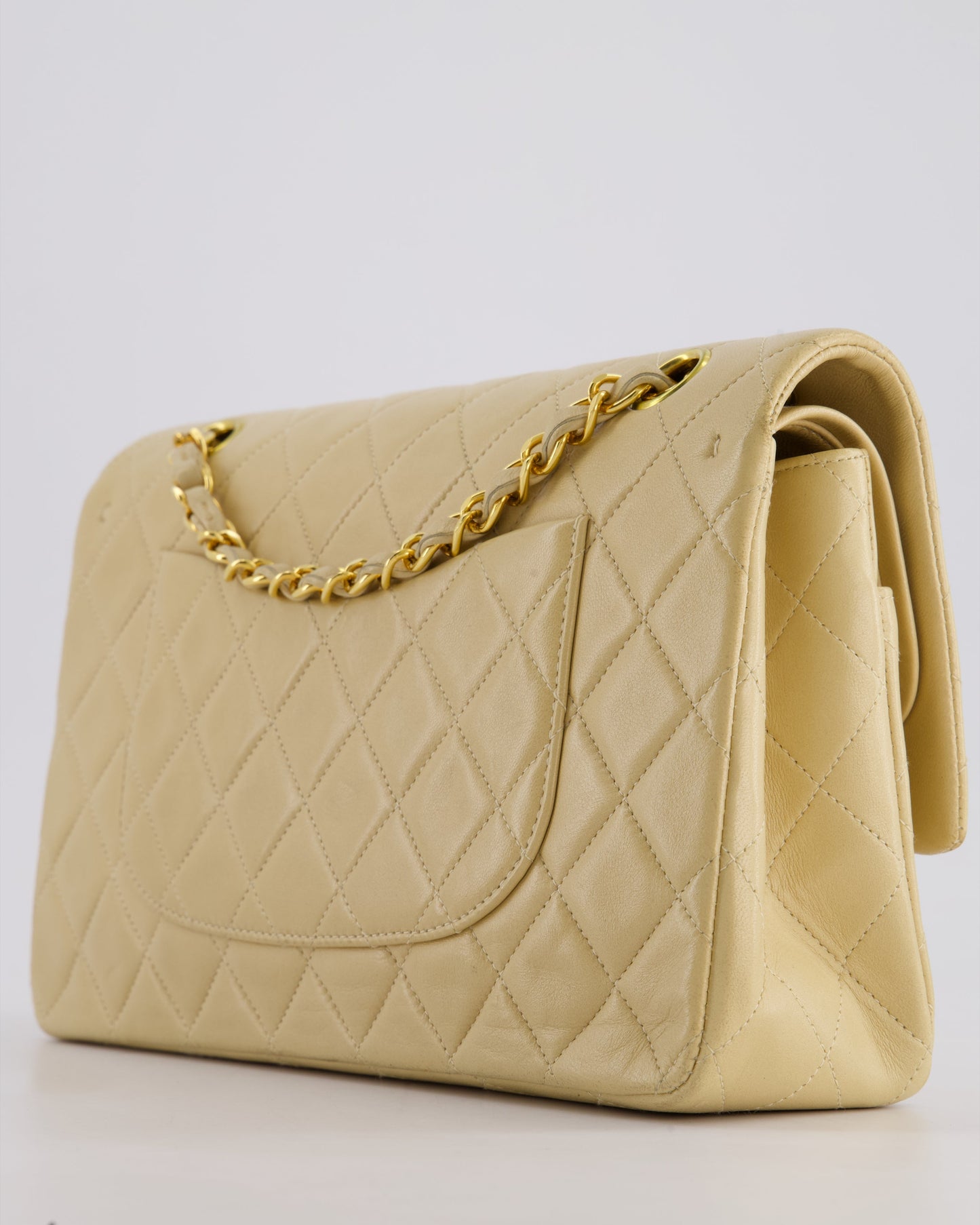 Chanel Vintage Beige Classic Medium Double Flap Bag in Lambskin Leather with 24k Gold Hardware