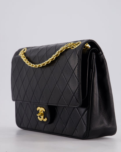 *RARE VINTAGE* Chanel Vintage Black Medium Classic Double Flap Bag in Lambskin Leather with 24k Gold Hardware and Mademoiselle Chain
