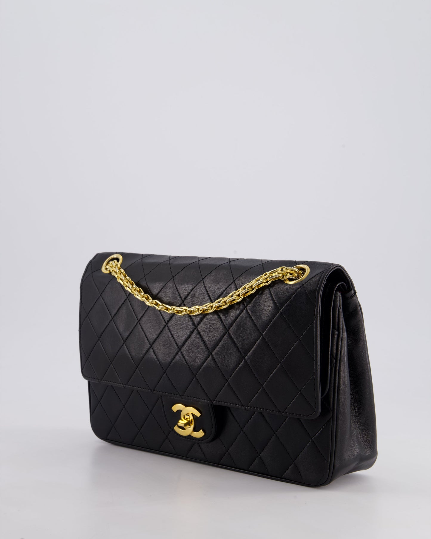 *RARE VINTAGE* Chanel Vintage Black Medium Classic Double Flap Bag in Lambskin Leather with 24k Gold Hardware and Mademoiselle Chain