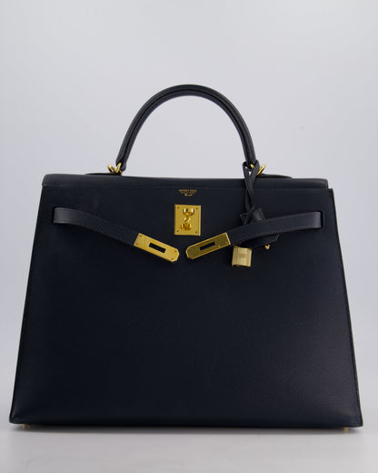 Hermès Vintage Kelly Sellier 35cm Bag in Blue Indigo Courchevel Leather with Gold Hardware