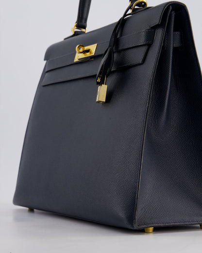 Hermès Vintage Kelly Sellier 35cm Bag in Blue Indigo Courchevel Leather with Gold Hardware