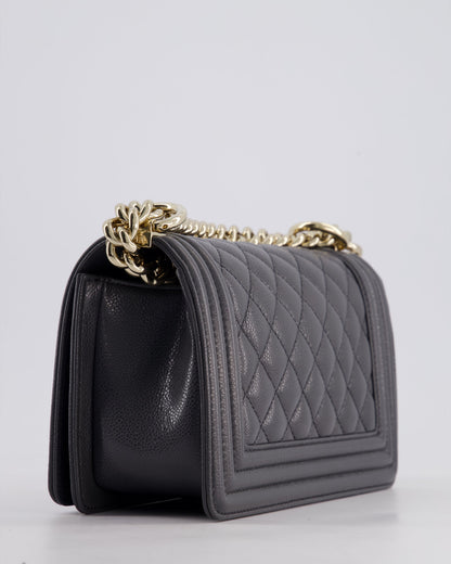 *HOT* Chanel Stone Grey Small Boy Bag in Caviar Leather with Champagne Gold Hardware