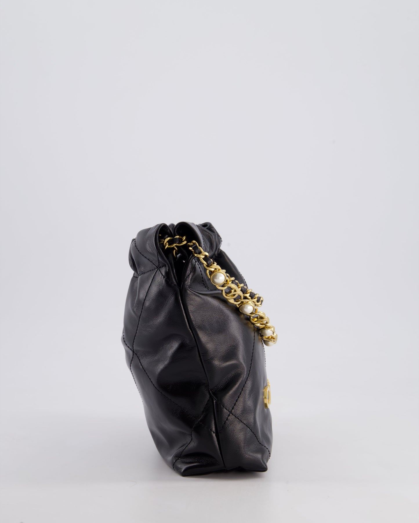 *RARE* Chanel Mini 22 Bag in Black Shiny Calfskin with Gold Hardware and Pearls CC Chain Detail