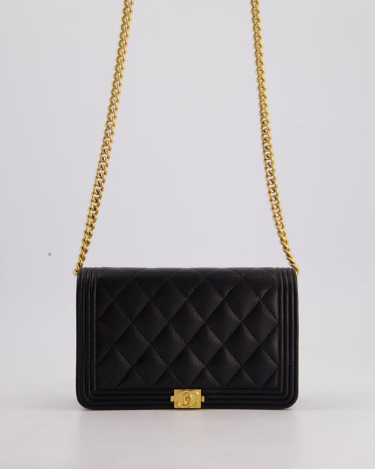 *HOT* Chanel Black Boy Wallet on Chain in Caviar Leather with Brushed Gold Hardware