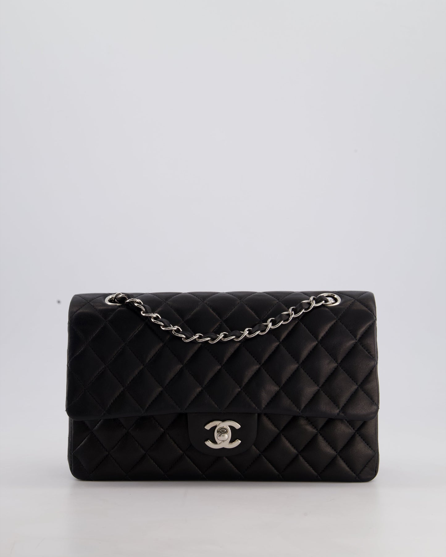 Chanel Black Medium Classic Double Flap Bag in Lambskin Leather with Silver Hardware