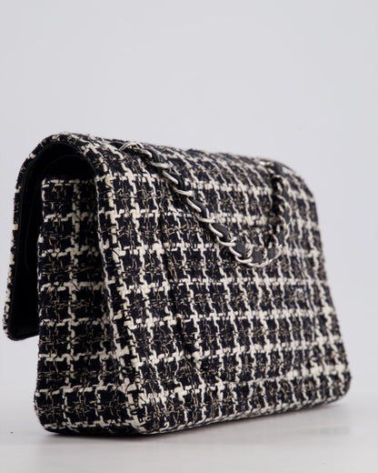 Chanel Medium Classic Double Flap Bag in Black and White Tweed with Silver Hardware