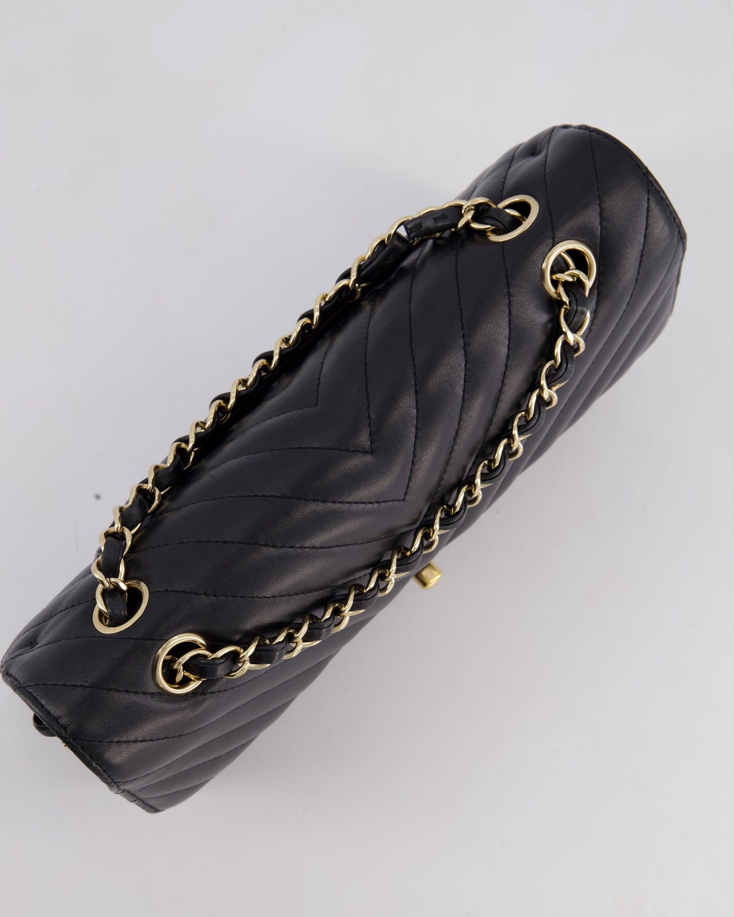Chanel Black Chevron Medium Classic Double Flap Bag in Lambskin Leather with Gold Hardware