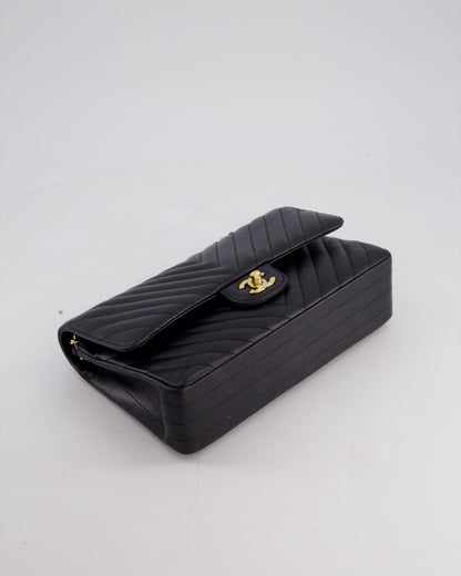 Chanel Black Chevron Medium Classic Double Flap Bag in Lambskin Leather with Gold Hardware