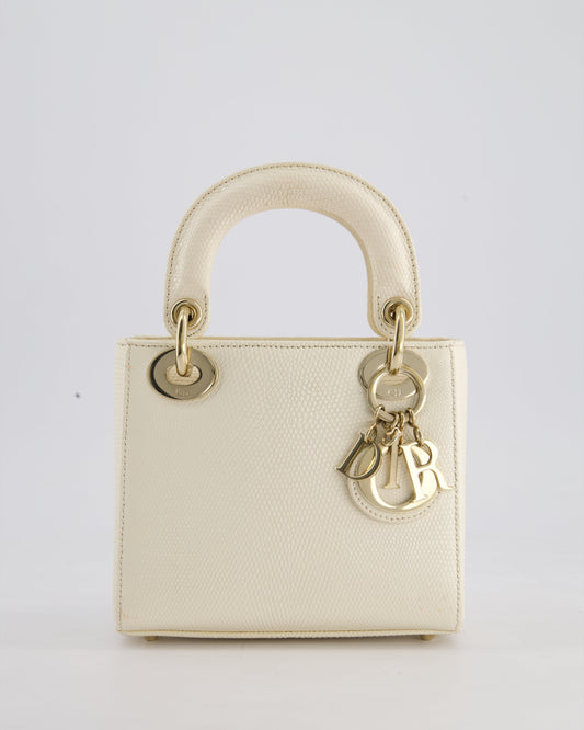 Christian Dior White Lizard Mini Lady Dior Bag with Gold Hardware