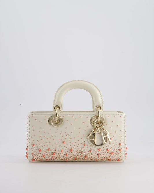 Christian Dior White Coral Embroidery Gradient Lady D-Joy Bag with Gold Hardware