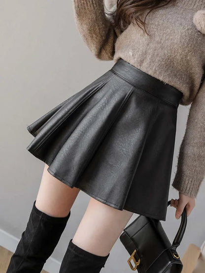 Falda plisada de PU para mujer, falda de cuero de color liso para otoño e invierno, ajustada, de cintura alta, con cremallera, elegante