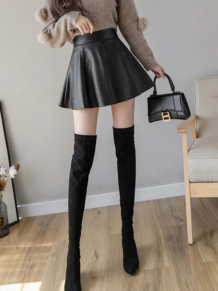 Falda plisada de PU para mujer, falda de cuero de color liso para otoño e invierno, ajustada, de cintura alta, con cremallera, elegante