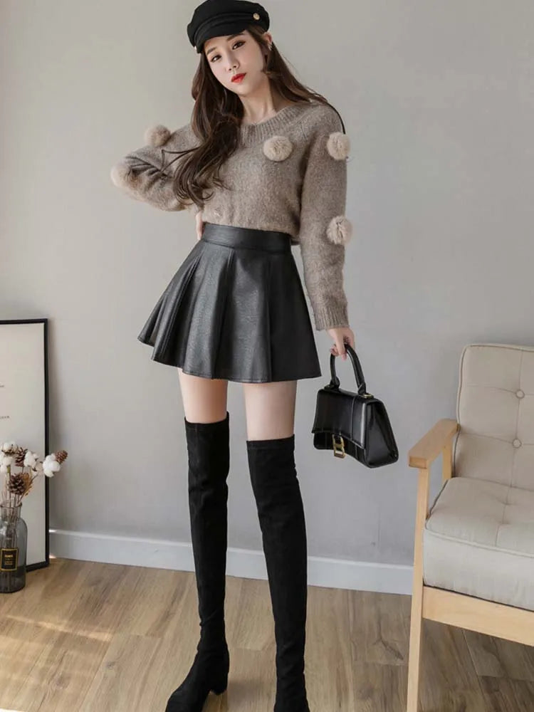 Falda plisada de PU para mujer, falda de cuero de color liso para otoño e invierno, ajustada, de cintura alta, con cremallera, elegante