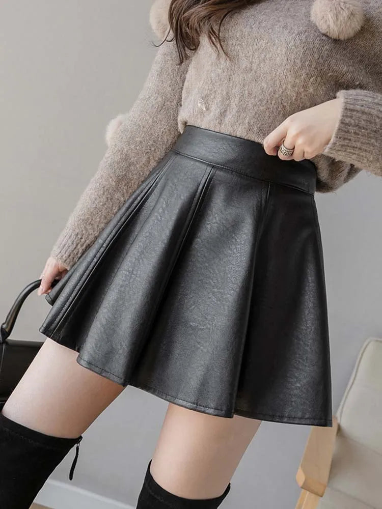 Falda plisada de PU para mujer, falda de cuero de color liso para otoño e invierno, ajustada, de cintura alta, con cremallera, elegante