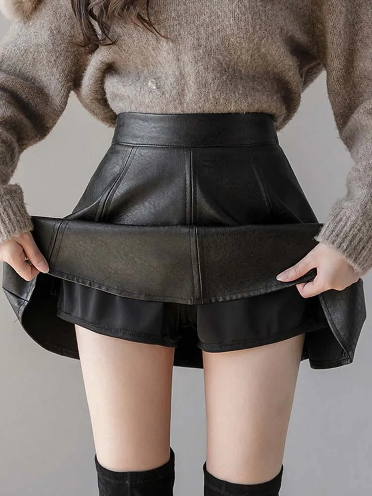 Falda plisada de PU para mujer, falda de cuero de color liso para otoño e invierno, ajustada, de cintura alta, con cremallera, elegante
