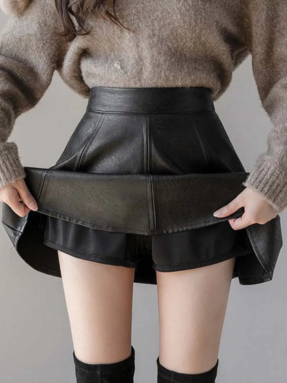 Falda plisada de PU para mujer, falda de cuero de color liso para otoño e invierno, ajustada, de cintura alta, con cremallera, elegante