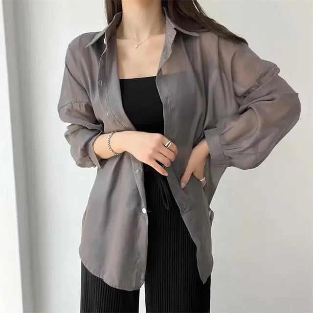 Blusa holgada de verano para mujer, estilo coreano básico, transparente, fina y elegante, lisa, a prueba de sol, a la moda, combina con todo.