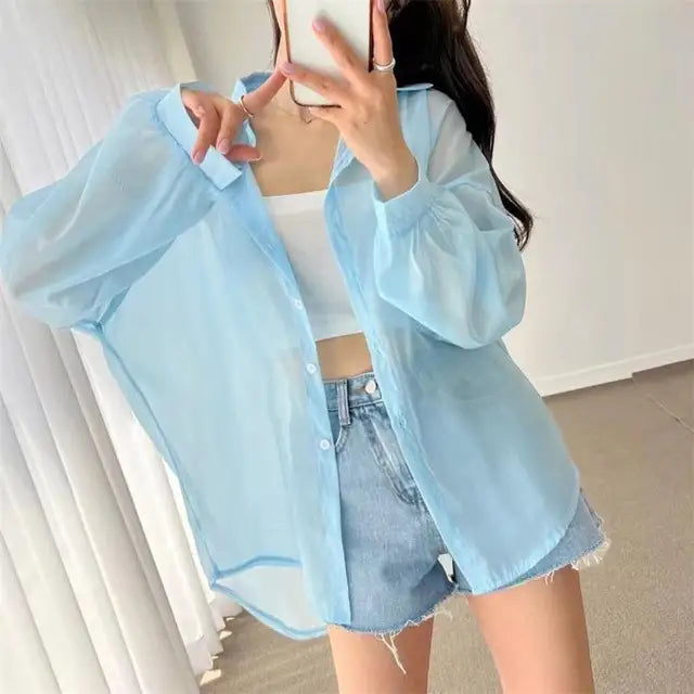 Blusa holgada de verano para mujer, estilo coreano básico, transparente, fina y elegante, lisa, a prueba de sol, a la moda, combina con todo.