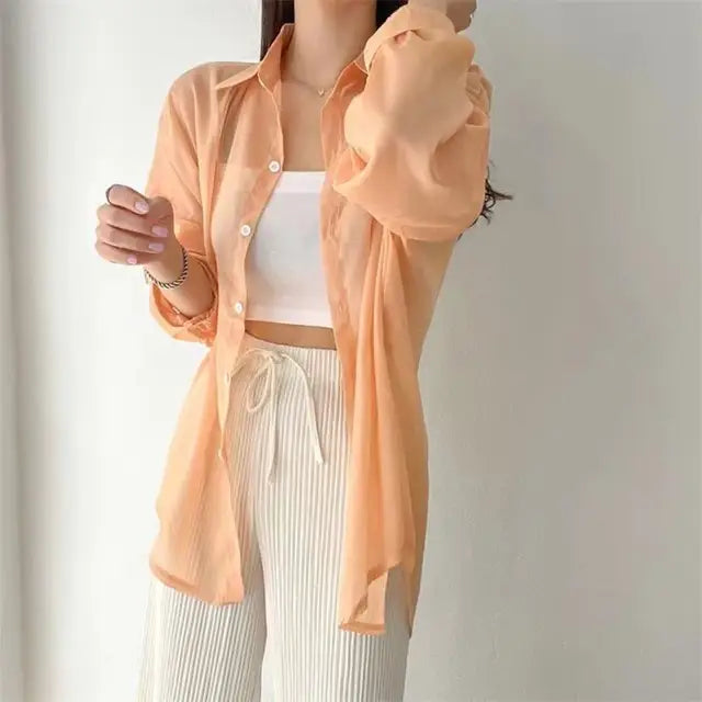 Blusa holgada de verano para mujer, estilo coreano básico, transparente, fina y elegante, lisa, a prueba de sol, a la moda, combina con todo.